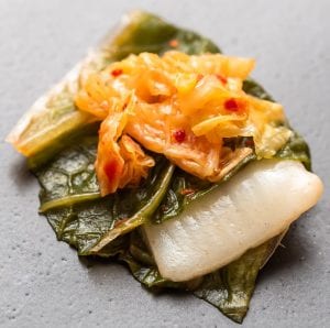 BlueNalu's whole-muscle, cell-based yellowtail prepared in acidified form in a kimchi recipe