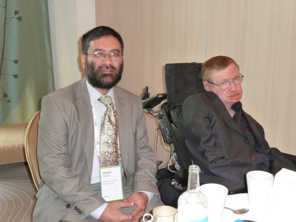 Imam Sheikh Dr Usama Hasan with Professor Stephen Hawking. Knowledge in Unity: From Islam and ethics to exponential technology and robotics.
