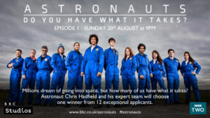 Dr Merritt Moore, right 3 people in, competes in ESA Astronaut training, BBC.