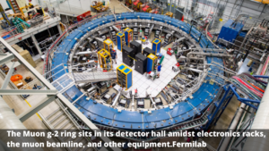 The Muon g-2 ring sits in its detector hall amidst electronics racks, the muon beamline, and other equipment.Fermilab.