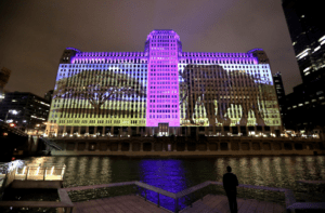 True Life Adventures, 2018
Digital video projection on existing architecture
Installation view, Merchandise Mart, Chicago, Illinois
Sound by T. Kelly Mason.